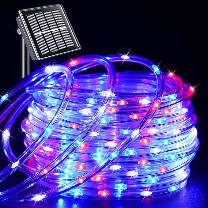 YEGUO Solar Rope Light Outdoor Waterproof, 66ft 200 LED Red White and Blue String Lights, 8 Modes Tube Christmas Lights in Clear Thin Tube