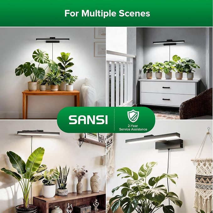 SANSI Wall Mounted Grow Lights for Indoor Plants, 35W LED Plant Lights | Full Spectrum Plant Lights for Indoor Growing, 4-Level Dimmable 4000K Grow Lamp, 4/8/12H Remote Timer