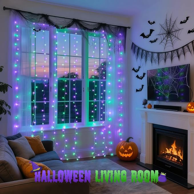 JMEXSUSS 300LED Purple & Green Curtain Lights for Halloween Decor, Plug in | 9.8x9.8ft, Halloween Curtain Lights with Remote, Twinkle Hanging String Light for Bedroom Wall Window Backdrop Indoor Outdoor