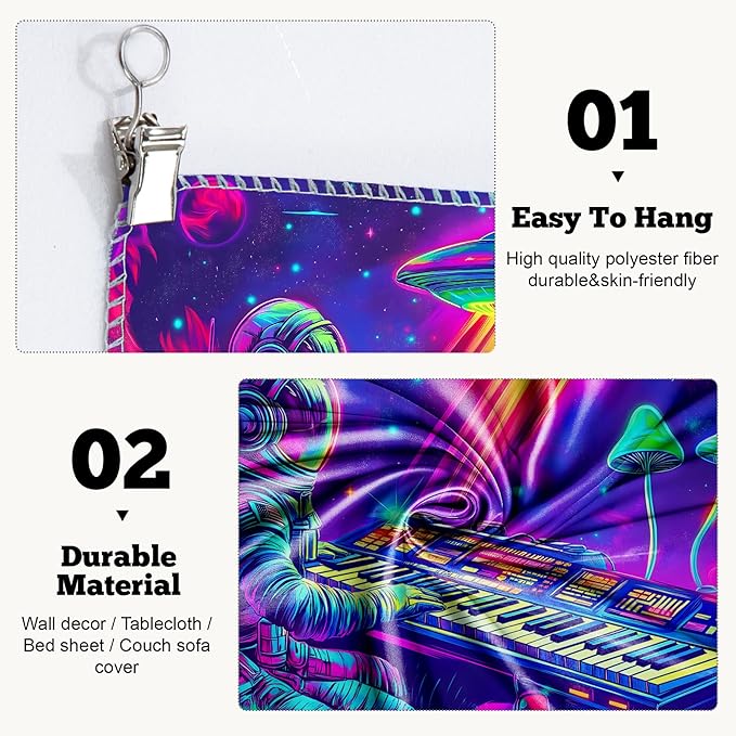 BVBOX Blacklight Space Astronaut Tapestry UV Reactive Galaxy Planet Glow in Dark Tapestries Black Light Poster Neon Wall Hanging Art for bedroom Living Room (Astronaut Play the Keyboard-3M)