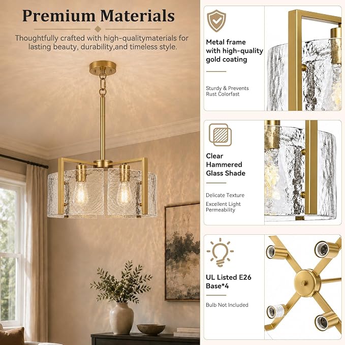 17.7 Inch Gold Chandeliers for Dining Room, Adjustable Height | 4-Light Vintage Entryway Light Fixture, Glass Pendant Lights for Kitchen Island Foyer Bedroom Bathroom