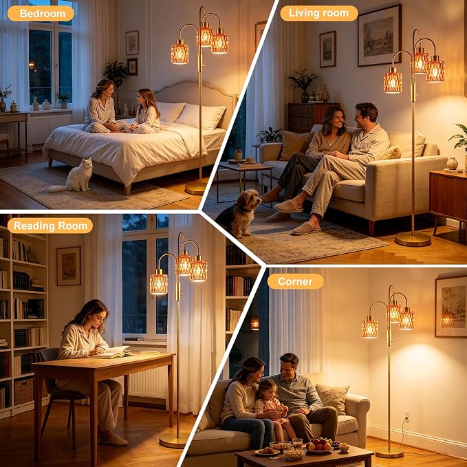 70" Glass Floor Lamp, 3-Light Gold Dimmable Standing Tall Lamp with Deep Red Ribbed Glass Shades &3PCS 3000K Warm White Bulbs, Modern Tree Pole Lamp for Living Room Bedroom Home Decor