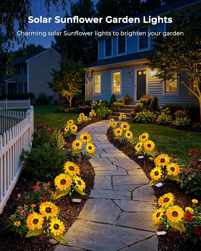 Brightown 3 Pack 3 Head Solar Sunflower Garden Stake Lights Waterproof | 9 glowing stem sunflowers, waterproof solar powered, auto on off decorative stakes for yard, patio, lawn outdoor decoration
