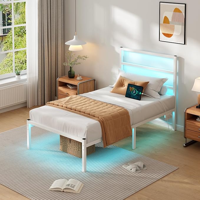 CLIBFENG Twin Bed Frame with Headboard,Heavy Duty Steel Slats Support-LED Bed Frame with USB Charging Station,Mattress Foundation-Under Bed Storage,No Box Spring Needed,Noise Free,White