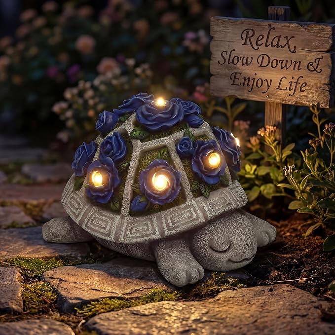Solar Garden Outdoor Decor Turtle Statue with Dark Blue Roses & 7 LED Lights – Outside Tortoise Decor for Yard Patio Balcony & Backyard - Home House Decoration Art- Gift for Women Mom & Grandma