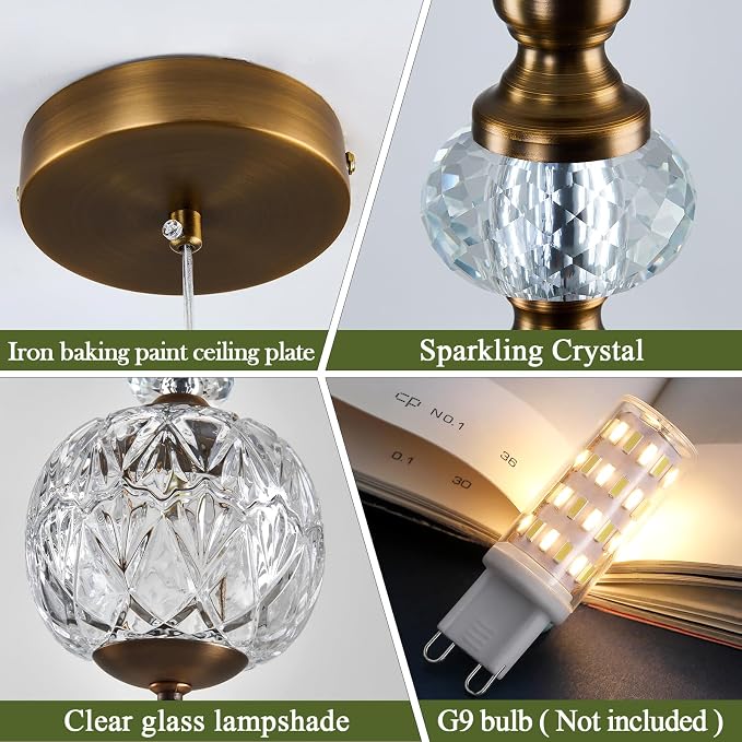 Piepooye 4.72" Vintage Mini Gold Glass Pendant Light for Kitchen Island | Antique Brushed Brass Chandelier Adjustable Hanging Ceiling Light Fixture Farmhouse Dining Room Bedroom Foyer Entryway