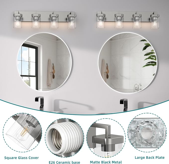 4-Light Bathroom Light Fixtures, Brushed Nickel Vanity Lights for Bathroom, Kitchen, Living Room, Modern Bathroom Vanity Lights with Clear Glass Shades