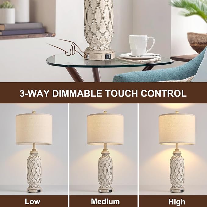 Farmhouse Table Lamps for Bedroom Set of 2, 28" Rustic Bedside Lamp with USB Ports, 3-Way Dimmable Nightstand Table Lamp for Living Room
