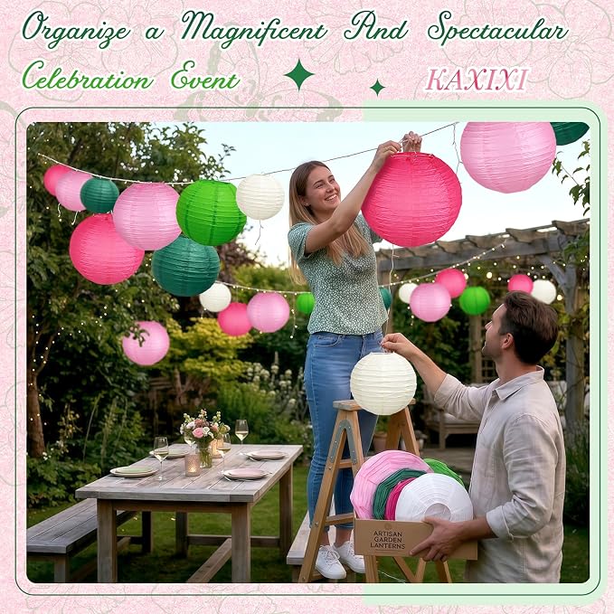 15-Piece Pink Green White Paper Lanterns Party Decorations | 6/8/10-Inch Hanging Decor for Princess Birthdays, Baby Showers, Witch Themes, Bachelorette and Summer Parties