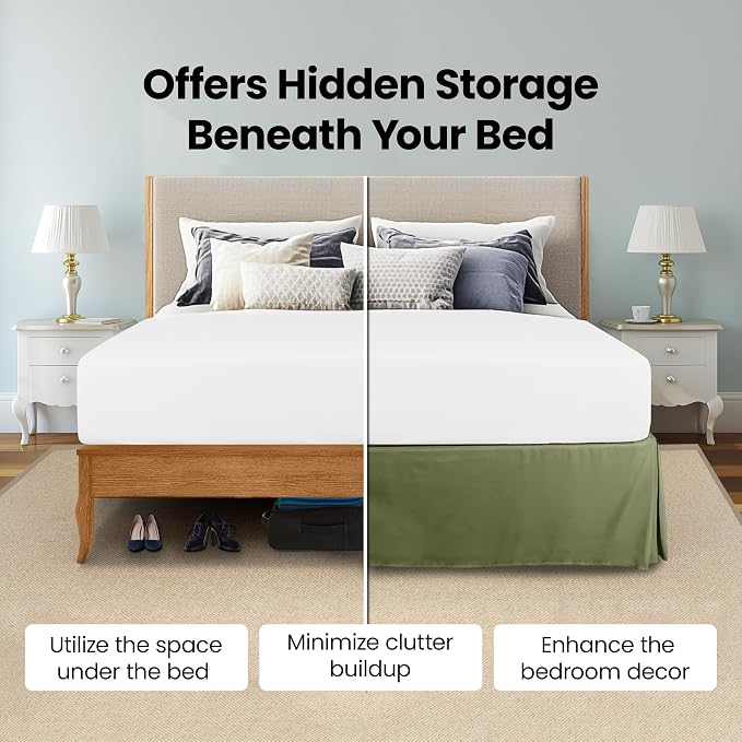 King Bed Skirt, Hides Under-Bed Storage 16 Inch Drop, Pleated, Olive | Easy Fit Design, Shrinkage & Fade Resistant, Hotel Style, Microfiber Durable Fabric, Machine Washable