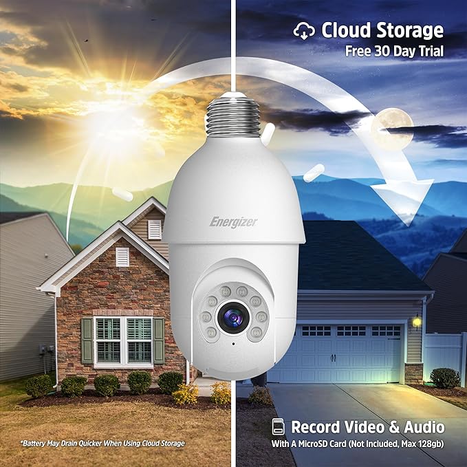 Energizer Smart Socket Camera 3-Pack, 2K QHD Outdoor Light Bulb Security Camera, 5GHz/2.4GHz, Pan & Tilt Auto Motion Tracking, 2-Way Audio, Night Vision, Recording, Voice Control with Alexa & Google