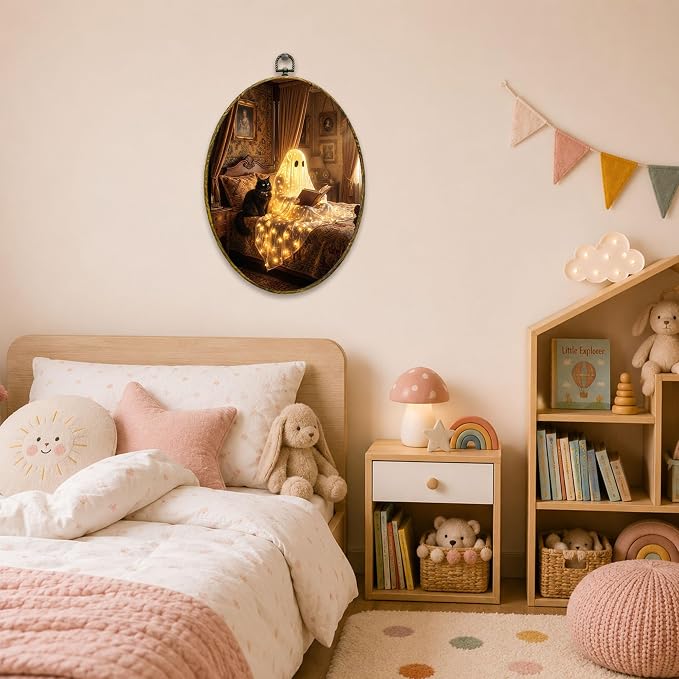 Glowing Ghost Black Cat Oval Wall Art, Framed Canvas Decor, 8.5x11.5 Inch | Reading ghost with black cat, glowing lights, vintage bedroom Halloween decor