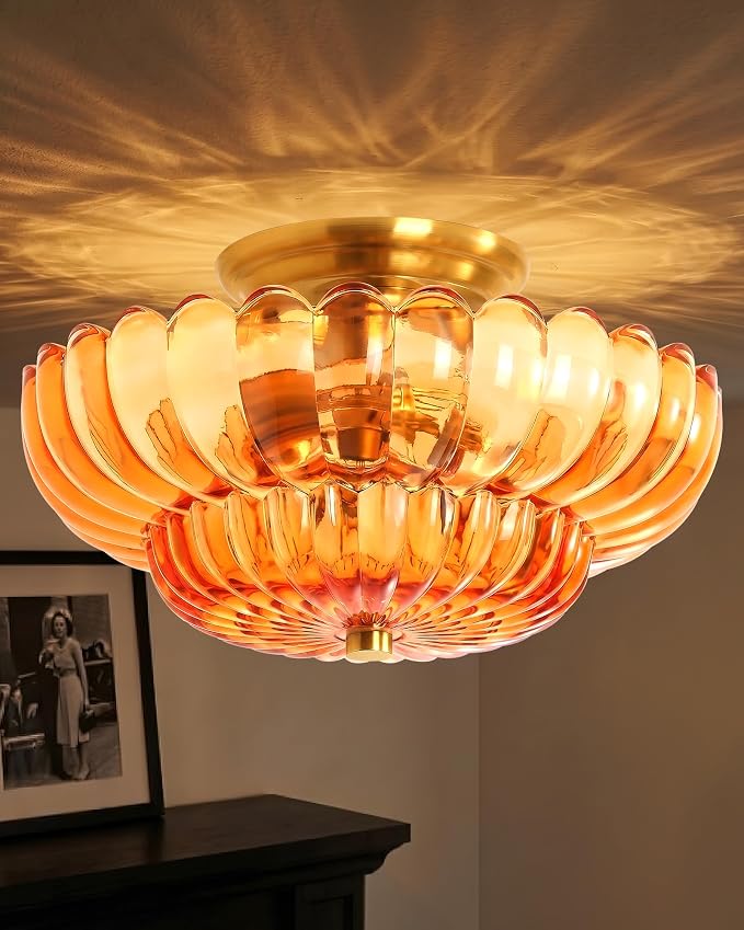 Semi Flush Mount Ceiling Light Fixture 14" Vinatge Gold Ceiling Lights Mid Century Modern Orange Glass Close to Ceiling Lighting Fixtures for Bedroom Hallway Kitchen Laundry Room Bathroom