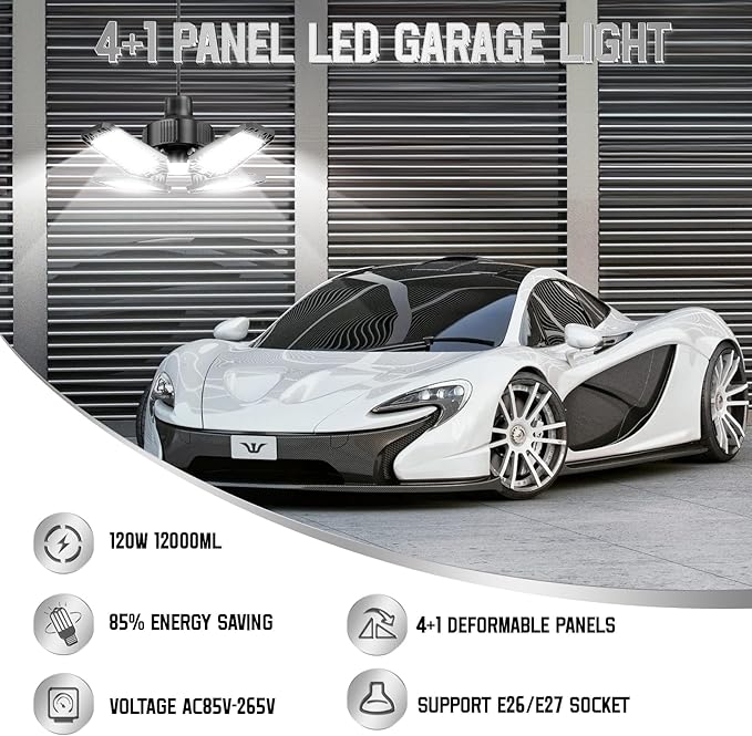 Garage Light 4 Pack 120W, 12000LM LED Lights for Garage with 4+1 Deformable Panels 6500K Screw in LED Shop Lighting for Workshop, Basement Support E26/E27