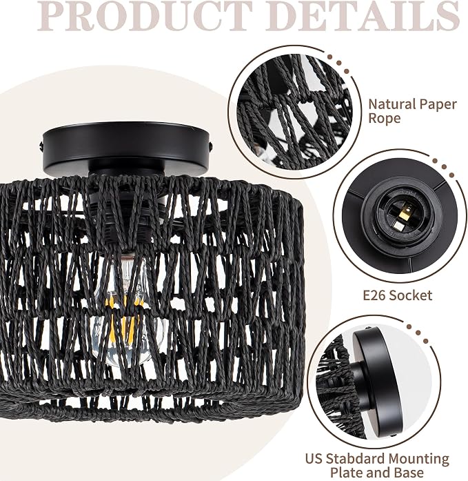 Rattan Ceiling Light, Black Flush Mount Ceiling Light, Boho Light Fixture for Bedroom Kitchen Hallway Entryway, 1 Light