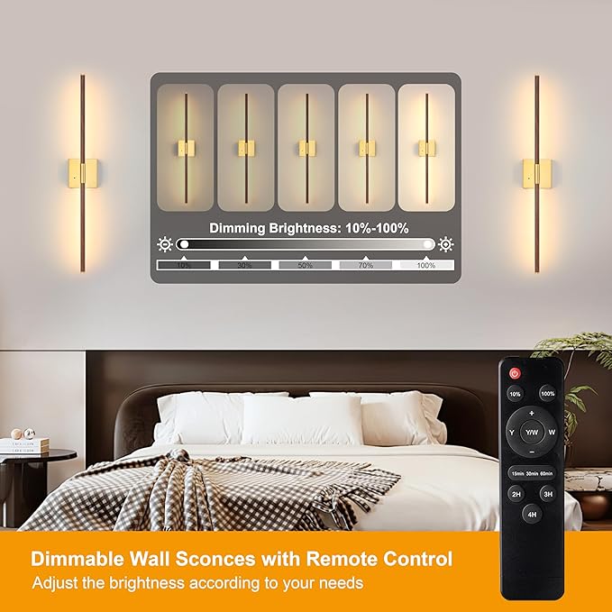 40″ Walnut Battery Operated Wall Sconces Set of Two, Dimmable Wall Sconce with Remote Control, Rechargeable Sconces Wall Lighting, LED Wireless Wall Lights for Bedroom, Living Room