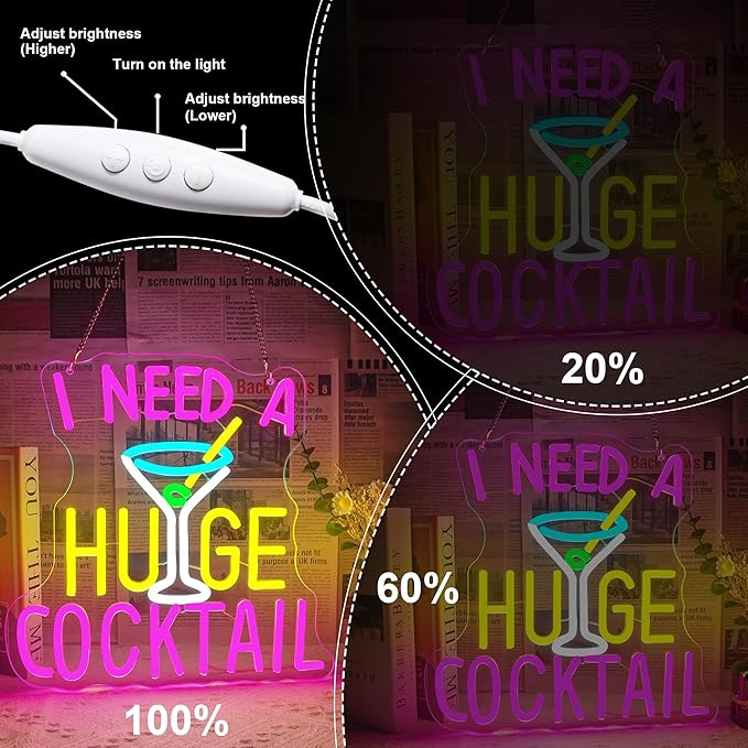Cocktail Neon Sign I Need A Huge Cocktail Led Neon Lights, Bar Lights for Wall Decor, Colorful USB Light Up Sign Letter Neon Wall Decor for Gift Store Beer Bar Restaurant Man Cave Hotel Bedroom Window Cafe Bistro Club Party