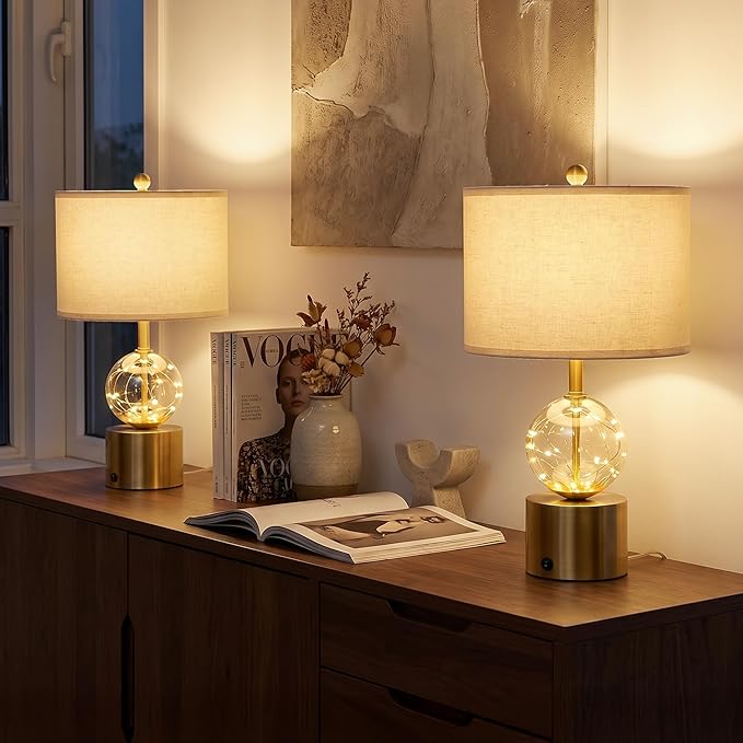 20.5" Small Bedside Table Lamps for Bedroom Nightstands, Gold Glass Modern Table Lamps Set of 2 with USB A+C Charging Port, Night Light, Luxury Lamps for Living Room End Table(Bulbs Included)