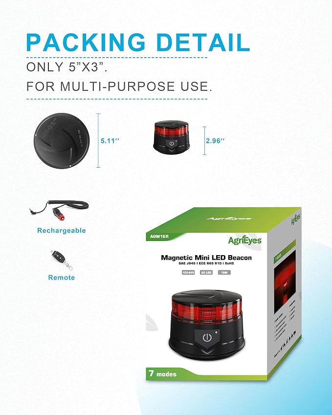 Agrieyes W16R w/Remote Amber LED Beacon Lights, Emergency Strobe | Warning/Strobe Flashing