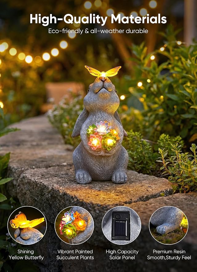 Brightown-Solar-Rabbit-Garden-Decor-Statue with 6 LED Lights, Hand-Painted Resin, IP65 Waterproof Outdoor Decor for Patio, Lawn & Yard Decorations, Unique Mothers Day Gifts for Mom Women