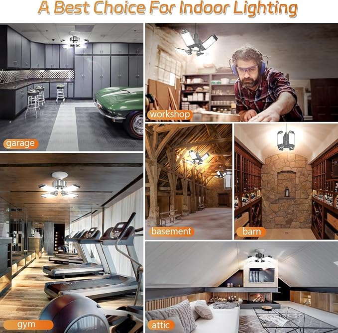 LED Garage Lights 8 Pack, 120W 12000LM Garage Lighting 6500K with 4+1 Deformable Panels, Screw Into E26 E27 Socket, Ceiling Lighting for Shop Workshop Basement Barn Attic Bay