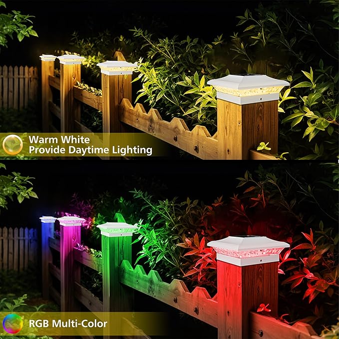 T-SUN Solar Post Cap Lights with Auto-Change Colors- for Vinyl/Wooden Posts Weatherproof Outdoor Solar Fence Post Lights for Deck, Porch, Garden & Stairs(24-Pack,RGB)