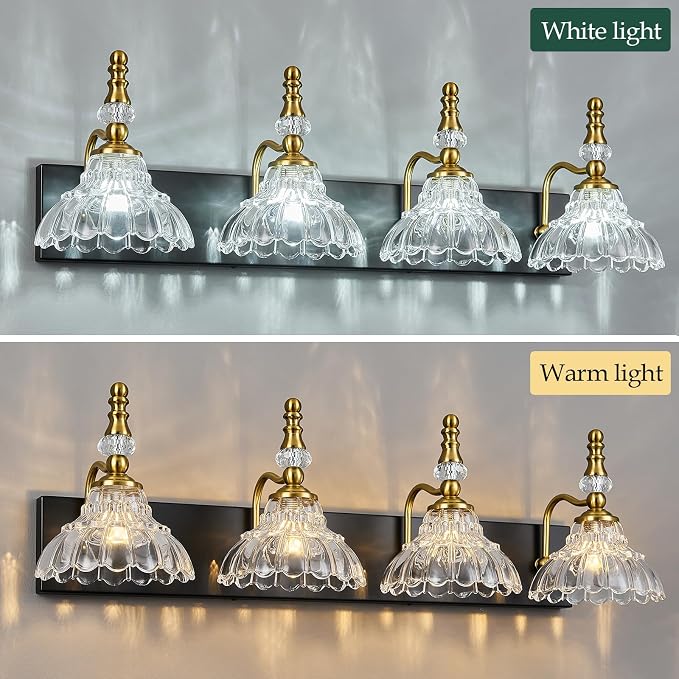 Vintage Bathroom Vanity Light, 4-Light Black Gold Vanity Lighting Fixture with Flower Glass Shade, Bathroom Lighting Fixtures Over Mirror