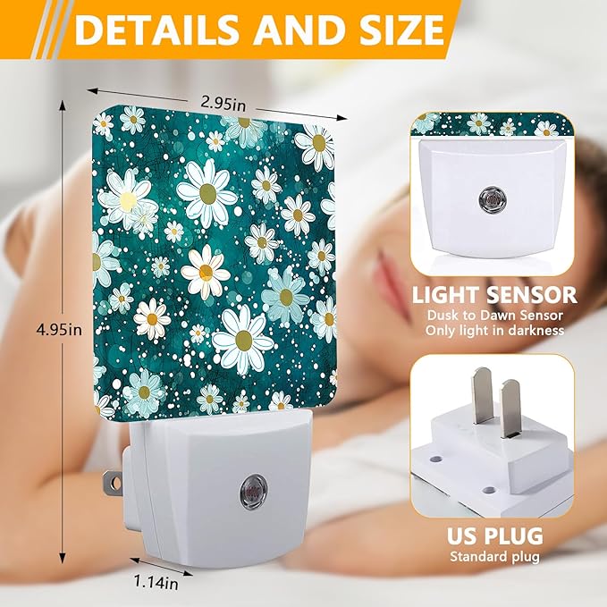 Daisy Flower Night Light, Plug-into Green Glitter Nightlight White LED Lamp, Energy Efficient Decor Desk Lamp for Bedroom Hallway Stairs Bathroom