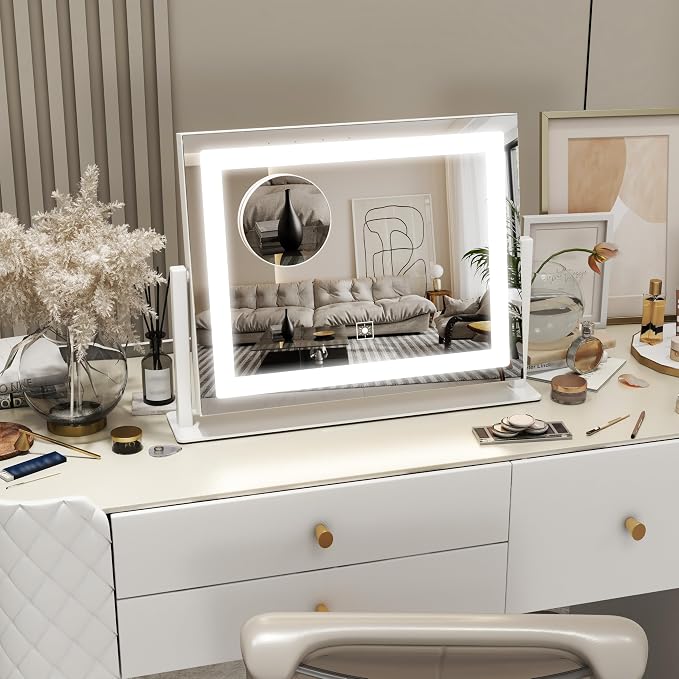 ROLOVE 16x12 Inch Vanity Mirror with Lights, Lighted Makeup Mirror with 10X Magnification, Smart Touch 3 Colors Dimmable, Dresser Mount, Bathroom (White)