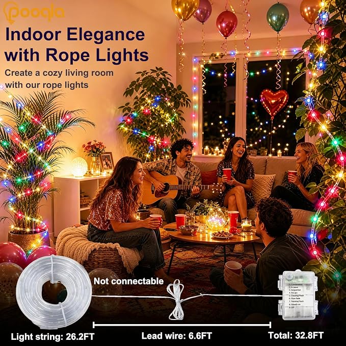 Rope Lights for Outside, 100LED Colorful Battery String Lights | Rope Lights Outdoor with 8 Modes Remote&Timer, Waterproof Battery Operated Camping Lights for Car Trampoline