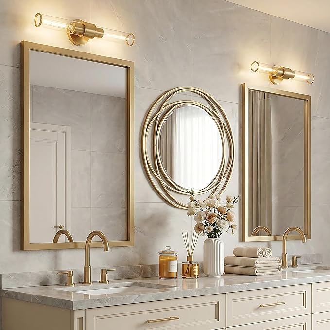 Gold Wall Sconce 2 Pack Hardwired, Bathroom Light Fixtures Clear Glass Featuring Two E26 sockets, Vanity Lights Fixtures for Bathroom, Dimmable - Bulb Not Included, UL Certification