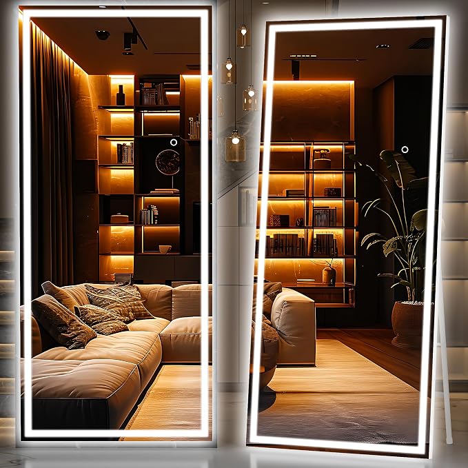 Hasipu Full Length Mirror with Lights, 83" x 36" LED Lighted Floor Standing, Full Body Dressing Hanging Mounted Mirror, Tempered Glass, Square White