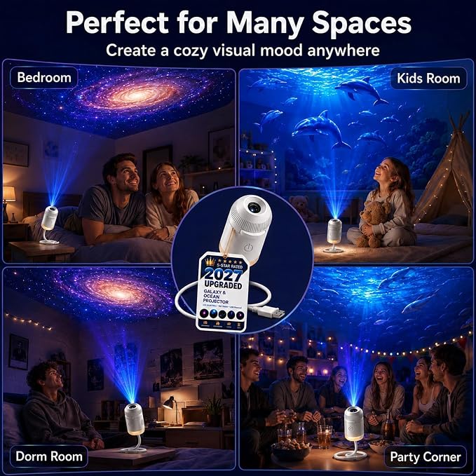 2027 Upgraded Hd Smart Dynamic 5d Holographic Night Light Projector, Plug and Play Hd Star Projector, 360° Adjustable Hd Galaxy and Ocean Projector for Bedroom Ceiling (24 Projection Films)