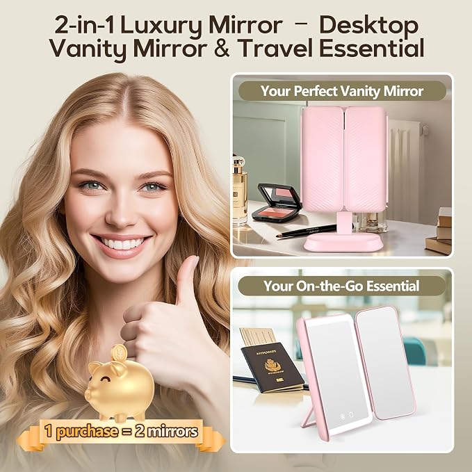 Makeup Mirror with Lights and 30X/10X/5X Magnification, Vanity Mirror with 3 Color Lights, Rechargeable, Detachable, Lighted Makeup Mirror with Magnification, Trifold Mirror, Gifts for Women