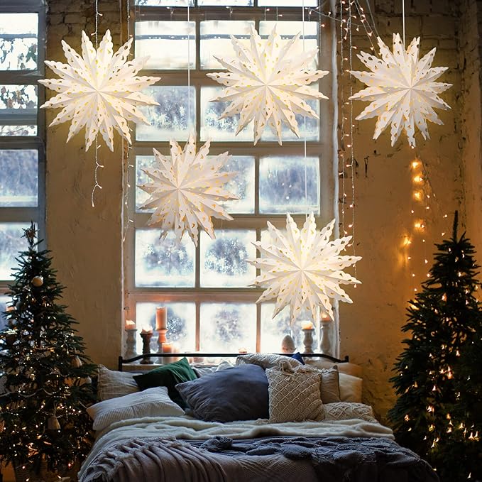 23.6 Inch Christmas Star Snowflake Paper Lantern with Light Timer Paper Lamp Party Supplies Hanging Decoration for Weddings Christmas Trees Birthday Holiday Party Celebration (Classic Style)