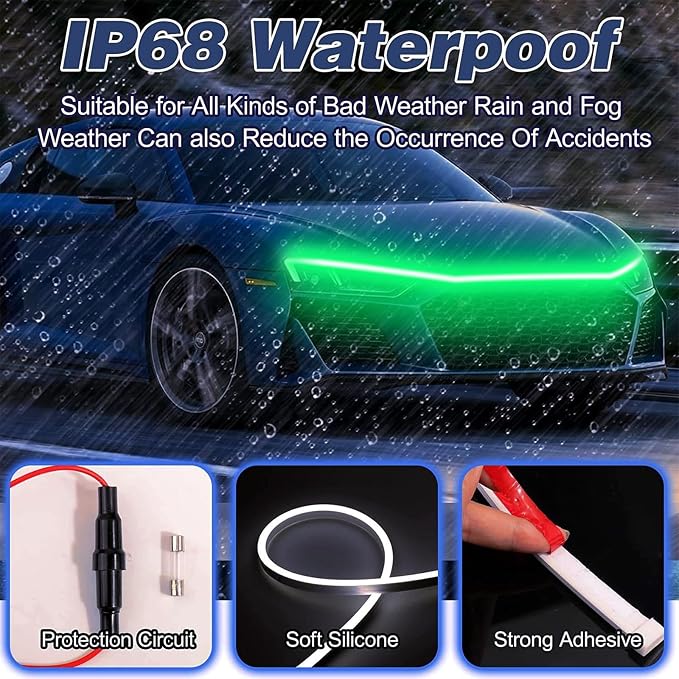 Car LED Hood Light Strip for Cars, SUVs, Trucks, Green, 70 Inch | 12V, Universal, Flexible Waterproof Daytime Running Light, Dynamic Scan Start-up Effect, Super Bright Bonnet Lights