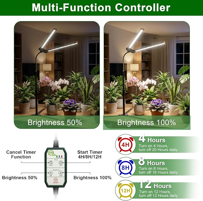 Grow Light for Indoor Plants,6000K White Sun Spectrum Growing Light Lamp | Desk Light with Red Blue LED for Pot Succulents Seeds, Light Strip Foldable & Height Extendable 9-25'', Auto Timer 4 8 12Hrs