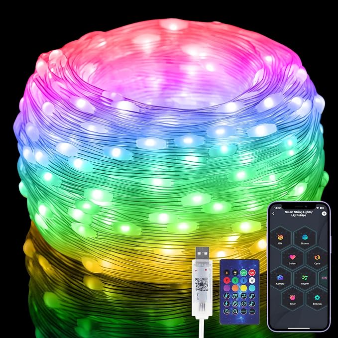 100 LEDs RGB Smart IC Fairy Lights, 33FT Multicolor String Lights Indoor | APP & Remote Control, USB Powered & IP65 Waterproof, Christmas Light Decoration for Outdoor, Christmas, Bedroom