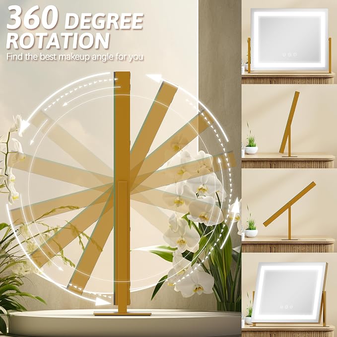 ROLOVE Vanity Mirror with Lights 22"x18", Lighted Makeup Mirror with 10X Magnification, Smart Touch 3 Colors Dimmable, 360° Rotation, Women Gift, Dresser Mount, Bathroom (Gold)