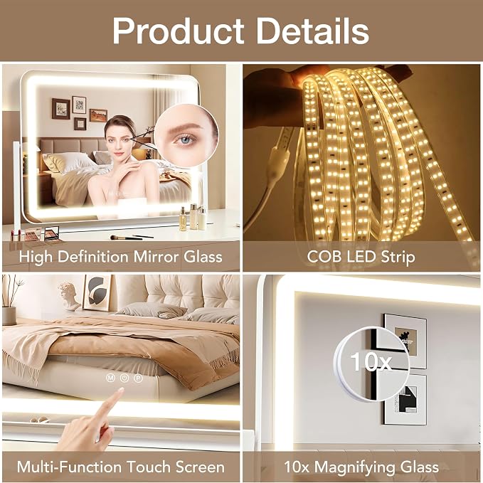 Vanity Mirror with Lights, 22"×17" LED Makeup Mirror | Smart Touch Control, Dimmable 3-Color Modes, Memory Function, 10X Magnifying Mirror, for Desk, Bedroom, Dressing