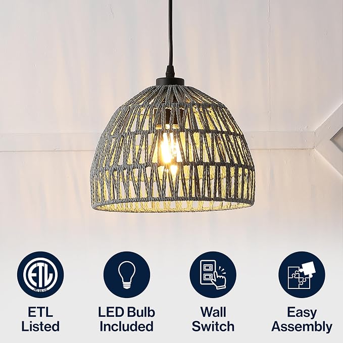 JONATHAN Y Campana 1-Light Pendant Dome Ceiling Lamp, 10.25", Gray | Modern Coastal Farmhouse Decor, Adjustable Height, Woven Rope Metal Frame, LED Bulb Included, UL Listed