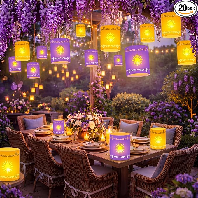 Fuyoooo 20 Set Paper Sun Lantern with LED Candles for Centerpieces LED Tea Lights with Paper Bags Battery Operation for Princess Wedding Party, Halloween, Christmas Decoration(Yellow and Purple,Sun)