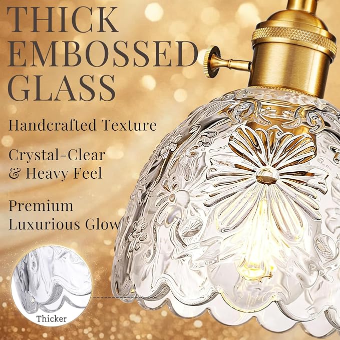 Hamilyeah 3-Light Bathroom Vanity Light Fixture, Brushed Brass Gold Wall Light with Clear Embossed Floral Glass Shades, Vintage Glass Vanity Lighting for Mirror, Powder Room, Bedroom, Hallway, Modern