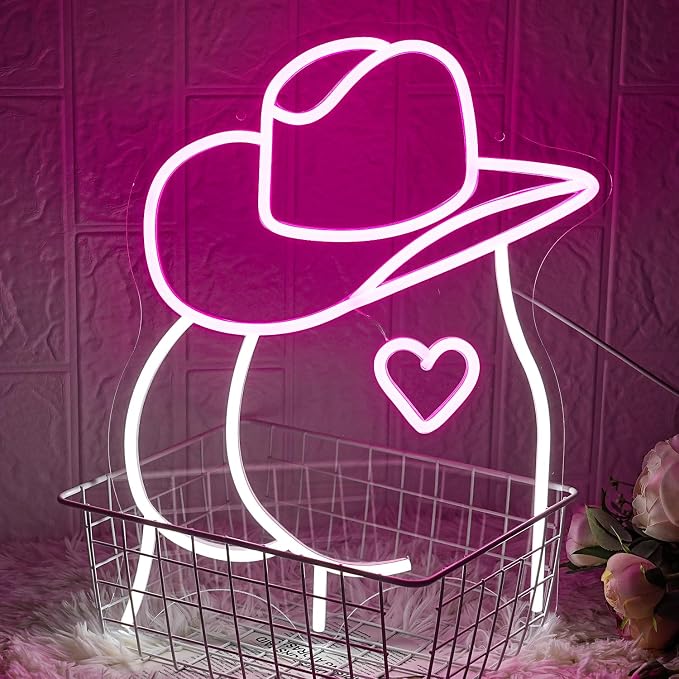 Cowboy Hat Neon Sign Buttocks LED Sign for Wall Decor USB Powered Pink White Sexy Neon Light for Gameroom, Bedroom, Livingroom, Bar, Office, Beer Bar (16.5 x13 inch)