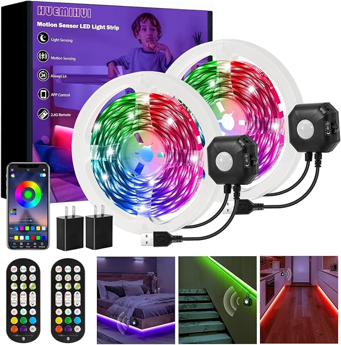 Motion Sensor Under Bed Lights,2x13.12Ft RGB LED Strip with RF Remote & APP | 5V Music Sync Color Changing LED Lights with Constant On,Motion Activated,Light Sensing 3 Modes for Bed Stair