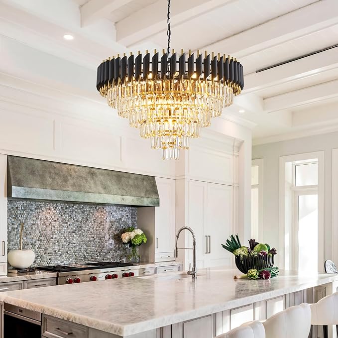 Modern Crystal Chandeliers 6 Tiers for Dining Room 16-Light Black and Gold Chandelier Living Room Round Contemporary Ceiling Hanging Light Pendant Light Fixture for Entryway Foyer Staircase