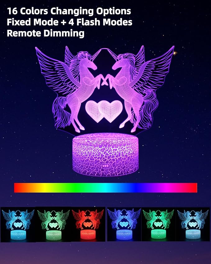 Unicorn Night Light Kid, 3D Illusion LED Lamp, 3 Patterns, Legend | 16 Colors Changing, Dimmable, Touch & Remote Control, Girls Bedroom Room Décor , Christmas Birthday Gift Toy Toddler Teenage