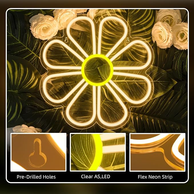 Flower Neon Sign Cute Daisy Dimmable LED Window Light for Bedroom Decor | 12.6IN*12.6IN,Five level brightness adjustment,USB powered,For Bar,Club,Pub,Living room,Bedroom,Restaurant,Beach Bungalow