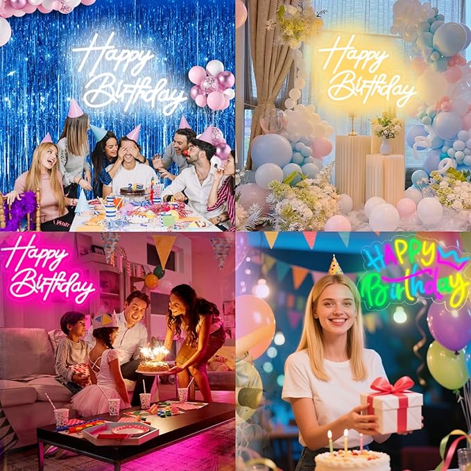 Happy Birthday Neon Sign for Wall Decor, USB Powered LED Neon Sign with Dimmable Brightness, Ideal for All Ages Birthday Parties and Celebrations, With 2 Pcs Birthday Cards (17×12 Inch)