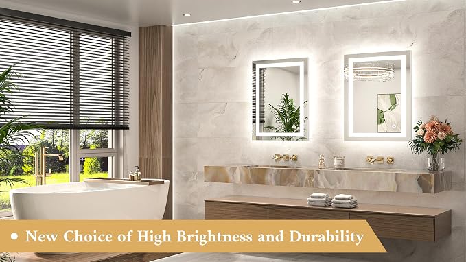 LED Bathroom Mirror 20 x 28 Inch Brighter Light up Mirror for Bathroom Vanity, Front and Backlit Lighted Anti-Fog Wall Mirror with Lights, 3-Color Dimmable, Waterproof, Tempered Glass